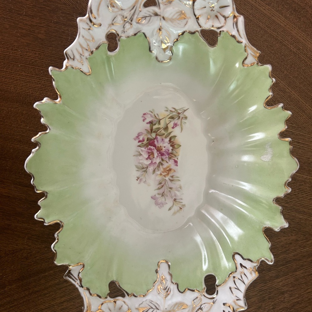 Antique Green and White Hand Painted Porcelain Dish with Floral Design